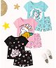 KUCHIPOO Cotton Knit Pack Of 3 Half Sleeves Cute Animals & Heart Printed Tees & Coordinating Shorts Set - Black Pink & Teal Blue
