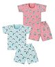 Tiny Hugs Cotton Knit Pack Of 2 Half Sleeves Penguin & Popcorn Printed Tees With Coordinating Shorts Set - Blue & Pink