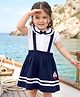 Babyhug Single Jersey Knit Half Puffed Sleeves Peter Pan Collar Top & Skirt Set with Bow Applique & Ship Print - Navy Blue