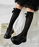 Flaunt Chic Cotton Chevron Designed Bow Bow Applique Detailed Socks  - Black