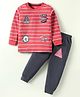 CUCUMBER Sinker Knit Full Sleeves Striped T-Shirt & Joggers Set With Fighter Plane Patch - Red