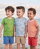 Kookie Kids Single Jersey Knit Half Sleeves T-Shirts with Animal Print & Stripes Pack of 3 - Olive Green Light Blue & White