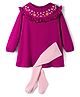 Babyhug Cotton Knit Full Sleeves Frock With Leggings & Floral Embriodery - Pink