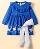 Babyhug Cotton Knit Full Sleeves Frock with Leggings with Butterfly Print Frill Detailing & Bow Applique - Blue