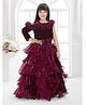 Tiny Kingdom Satin Woven Cold Shoulder Sleeves Floral Applique Detailed Stones Embellished Gown - Maroon