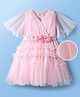 Hola Bonita Knit Half Sleeves Glitter Mesh Party Dress With Floral Applique - Pink