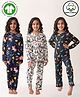 Anthrilo 100% Organic Cotton Knit Pack Of 3 Full Sleeves Carnival Theme & Animals Printed Coordinating Night Suit Sets - White & Navy Blue