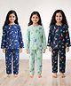 Anthrilo 100% Organic Cotton Knit Pack Of 3 Full Sleeves Space Theme & Butterfly Printed Coordinating Night Suit Sets - Green Royal & Navy Blue