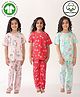 Anthrilo 100% Organic Cotton Knit Pack Of 3 Half Sleeves Unicorn Cherry & Icecream Printed Coordinating Night Suits - Pink Red & Aqua
