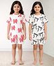 Anthrilo 100% Organic Cotton Knit Pack Of 2 Half Sleeves Bow Printed Coordinating Night Suits - White