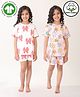 Anthrilo 100% Organic Cotton Knit Pack Of 2 Half Sleeves Bow & Star Printed Coordinating Night Suit Set - White & Pink