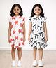 Anthrilo 100% Cotton Knit Pack Of 2 Frill Sleeves Bows Printed Dresses - White Pink & Black