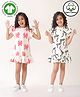 Anthrilo 100% Cotton Knit Pack Of 2 Frill Sleeves Bows Printed Dresses - White Pink & Black