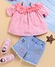 TOONYPORT Cotton Blend Knit Cold Shoulder Half Sleeves Striped Top & Stars Embroidered Shorts Set - Pink