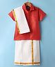 Dapper Dudes Cotton Silk Woven Half Sleeves Solid Shirt With Placement Foil Striped Mundu & Angavastram Set - Orange