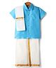 Dapper Dudes Cotton Silk Woven Half Sleeves Solid Shirt With Placement Foil Striped Mundu & Angavastram Set - Light Blue