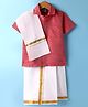 Dapper Dudes Cotton Silk Woven Half Sleeves Solid Shirt With Placement Foil Striped Mundu & Angavastram Set - Tomato