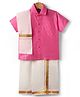 Dapper Dudes Cotton Silk Woven Half Sleeves Solid Shirt With Placement Foil Striped Mundu & Angavastram Set - Pink