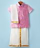 Dapper Dudes Cotton Silk Woven Half Sleeves Solid Shirt With Placement Foil Striped Mundu & Foil Striped Angavastram Set - Baby Pink