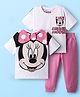Babyhug Disney Single Jersey Knit Drop Shoulder Half Sleeves Oversized T-Shirt & Track Pant Set With Front & Back Minnie Mouse Graphics - White & Pink
