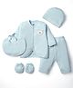 Simply Interlock Knit Full Sleeves Front Open Jhabla & Pant Set With Cap Bib & Mittens - Aqua Blue