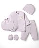 Simply Interlock Knit Full Sleeves Front Open Jhabla & Pant Set With Cap Bib & Mittens -Lilac