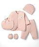 Simply Interlock Knit Full Sleeves Front Open Jhabla & Pant Set With Cap Bib & Mittens -Pink