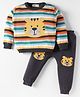 Simply Knitted Full Sleeves Pullover Striped Sweater Set With Tiger Design - Charcoal Grey