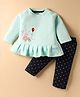 Simply Knit Full Raglan Sleeves Quilted Top & Lounge Pant with Bunny Embroidery & Hearts Print - Aqua Blue & Black