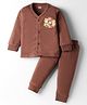 Simply Cotton Full Sleeves Front Open Thermal Vest & Pant Set with Animal Print - Brown