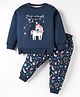 CUCUMBER Terry Knit Full Sleeves Night Suit with Christmas Print & Unicorn Embroidery - Navy Blue