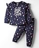 CUCUMBER Sinker Knit Full Sleeves Co-ords Night Suit with Heart Print & Frill Detailing - Navy Blue