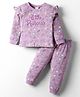 CUCUMBER Sinker Knit Full Sleeves Co-ords Night Suit with Tropical Theme Print & Frill Detailing - Plum