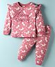 CUCUMBER Sinker Knit Full Sleeves Co-ords Night Suit with Unicorn Print & Frill Detailing - Rose Gold