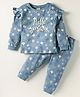 CUCUMBER Sinker Knit Full Sleeves Co-ords Night Suit with Floral Print & Frill Detailing - Navy Blue