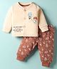 CUCUMBER Interlock Knit Full Sleeves Front Open Night Suit with Elephant in Hot Air Balloon Print - Light Peach & Dark Peach