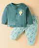 CUCUMBER Interlock Knit Full Sleeves Bunny & Text Printed Front Open Night Suit - Teal Blue