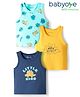 Babyoye 100% Cotton Knit Sleeveless Vests With Dino & Leaves Print Pack Of 3 - Yellow Navy Blue & Aqua