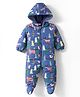 Babyhug Woven Full Sleeves Winter Wear Footed & Hooded Romper With Animal Print - Blue