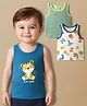 Babyoye 100% Cotton Knit Sleeveless Vests With Stripes & Animal Print Pack of 3 - White Light Green & Navy Blue