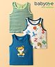 Babyoye 100% Cotton Knit Sleeveless Vests With Stripes & Animal Print Pack of 3 - White Light Green & Navy Blue