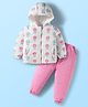 Babyhug Woven Full Sleeves Winter Wear Hooded Jacket & Pant Set With Floral Print - Off White & Pink