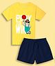 NUSYL Cotton Blend Knit Half Sleeves Play To Win Text Printed Tee & Shorts Set - Yellow & Navy Blue