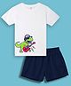 NUSYL Cotton Blend Knit Half Sleeves Dinosaur Printed Tee & Shorts Set - White & Navy Blue