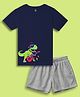 NUSYL Cotton Blend Knit Half Sleeves Dinosaur Printed Tee & Shorts Set - Navy Blue & Grey