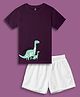 NUSYL Cotton Blend Knit Half Sleeves Dinosaur Printed Tee With Solid Shorts Set - Wine & White