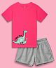 NUSYL Cotton Blend Knit Half Sleeves Dinosaur Printed Tee With Solid Shorts Set - Hot Pink & Grey