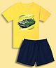 NUSYL Cotton Blend Knit Half Sleeves Car Printed Tee With Solid Shorts Set - Yellow & Navy Blue