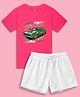 NUSYL Cotton Blend Knit Half Sleeves Car Printed Tee With Solid Shorts Set - Hot Pink & White
