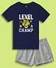 NUSYL Cotton Blend Knit Half Sleeves Level Up Champ Text Printed Tee With Solid Shorts Set - Navy Blue & Grey